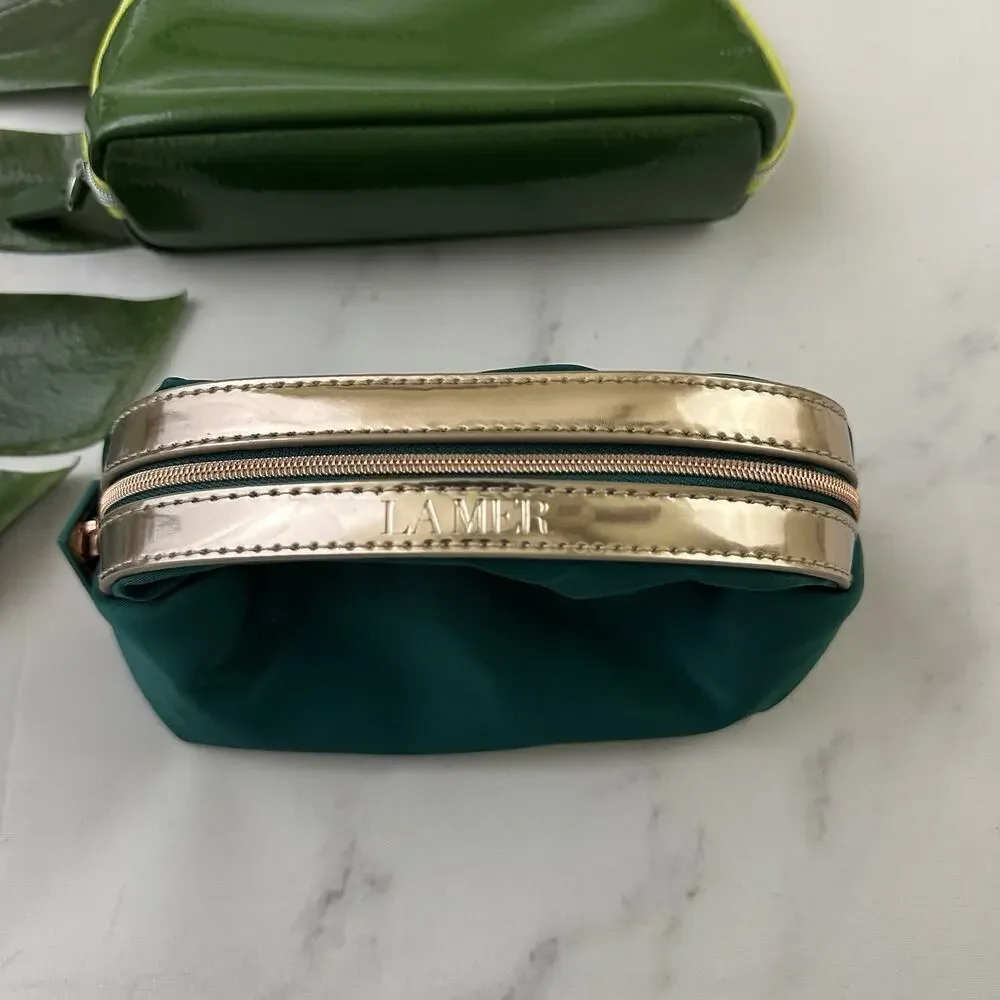 La Mer Cosmetic Makeup Bag Lot of 2 Teal Green Patent Zipper Travel Pouch